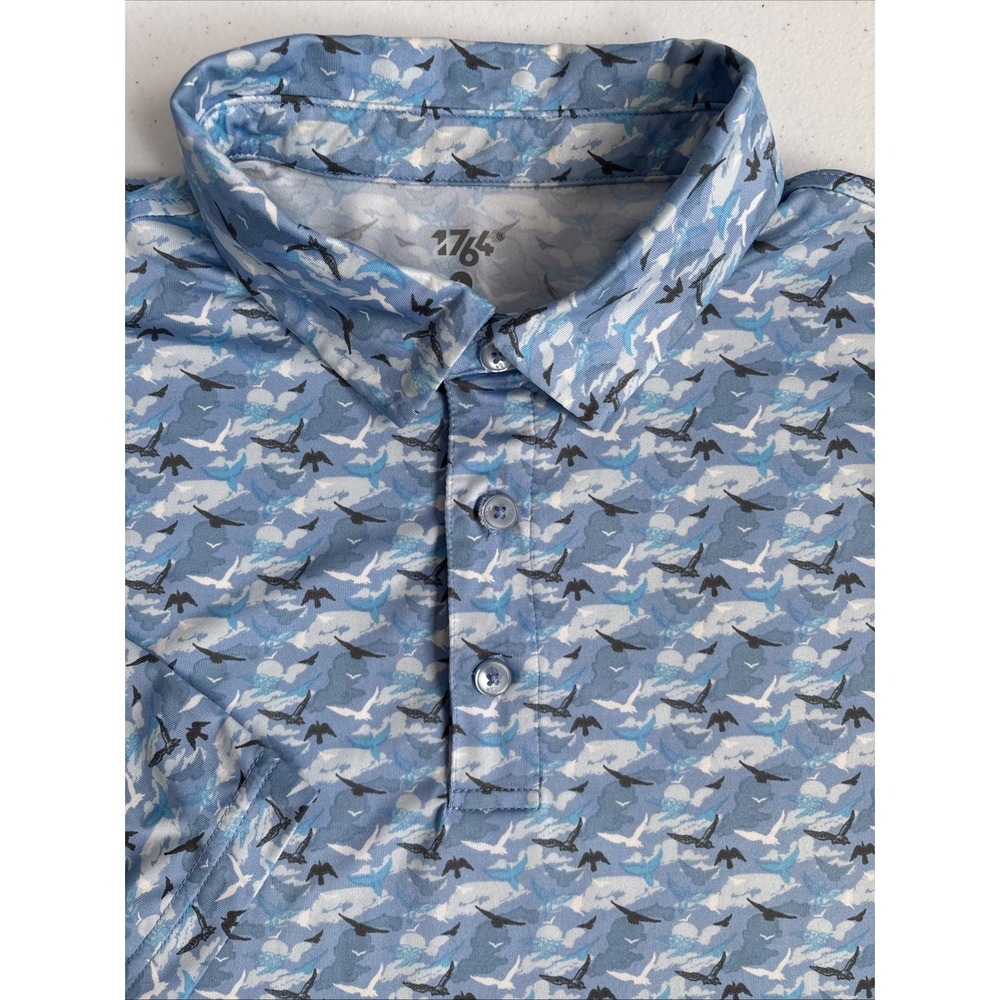 1764 Men's Large Blue White Gray Bird Graphic Print Short Sleeve Polo Shirt‎